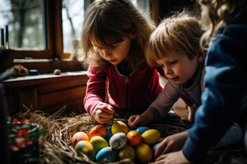 Fototapeta premium Children coloring Easter eggs indoors in a cozy, rustic environment during springtime activities in the afternoon light
