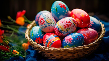Fototapeta na wymiar Easter background with many Easter eggs. Selective focus.