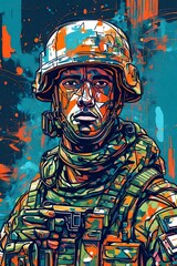 Fototapeta na wymiar abstract painting of an American soldier ready for battle wearing camouflage in full uniform