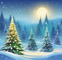Naklejka premium Christmas trees in winter against the background of the moon