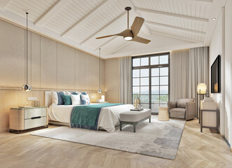 3d render. Modern hotel room interior scene.