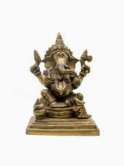 Fototapeta premium front view of sitting ganesh with four hands, brass statue with intricate details and decorative carvings isolated in a white background 