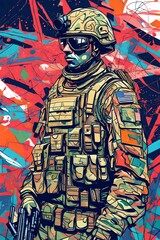 abstract painting of an American soldier ready for battle   wearing camouflage  in full uniform