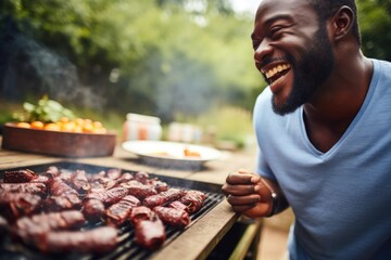 man tasting grilled venison at a barbeque - obrazy, fototapety, plakaty