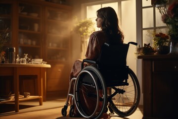 Fototapeta na wymiar Young disabled woman in a wheelchair at home in the living room