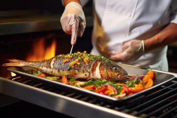 chef placing grilled fish on a plate