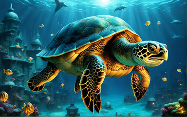 An adventurous turtle leading a lantern-lit procession through a magical underwater city.

