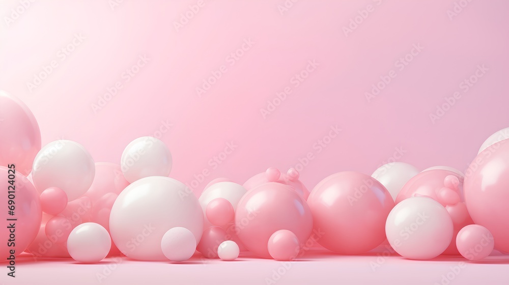 Poster soft pink pastel background, adorned with an array of balls and spheres in varying sizes, showcasing
