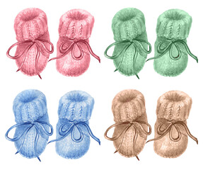 Watercolor illustration of colorful baby knitted booties