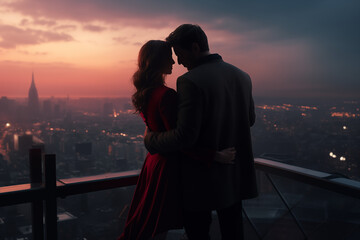 Couple in love standing on a high-rise building at sunrise - obrazy, fototapety, plakaty