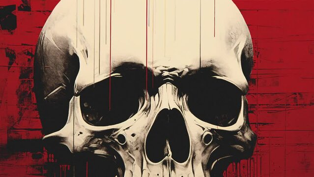 Animation of a close up of a brown skull on a red background, vintage style