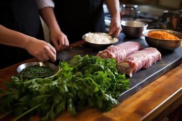 two cooks preparing herb-crusted pork
