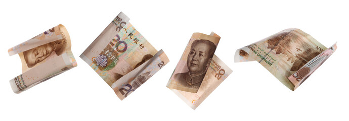 Set twenty yuan bill fly, Chinese Renminbi money, 20 rmb isolated on white, clipping path