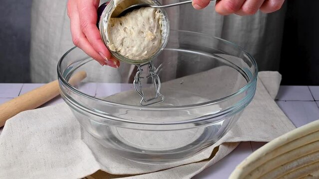 Sourdough starter in a mason jar glass, baking sourdough bread at home