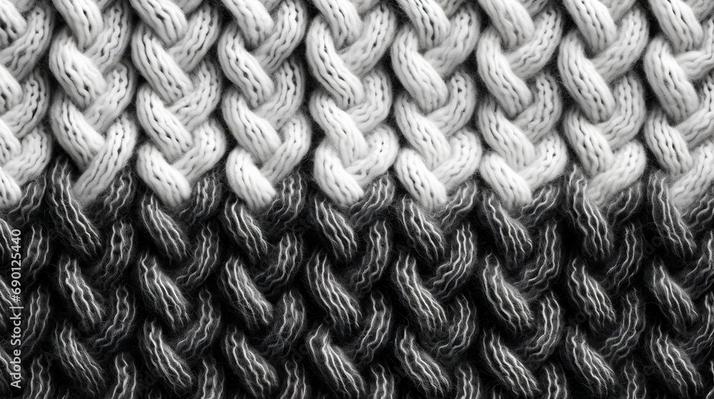 Poster a highresolution photograph showcasing a textured knitted pattern in black and white colors, embodyi