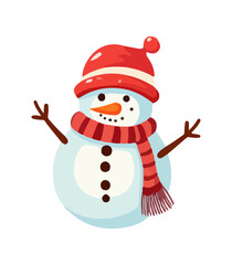 Snowman with a scarf, gloves and hat isolated in a white background in cartoon watercolor style. Flat design. Vector illustration.