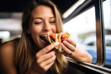 girl enjoying a smoked chicken taco at food truck