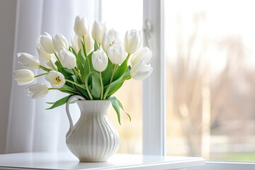 A bright spring bouquet of white tulips in a decorative vase, showing the beauty of blooming flowers.
