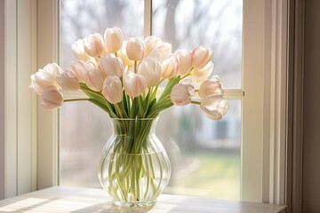 A colorful bouquet of tulips in a vase is a fresh and vibrant floral arrangement that adds beauty to the room.