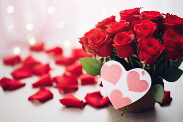 Love and romance concept with red roses, heart shape and Valentine's Day background.