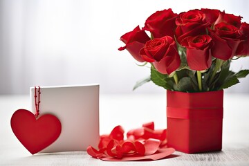 Valentine's Day concept with a bouquet of red roses and with a festive background.