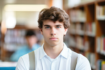 Serious and purposeful student in the library, surrounded by books, preparing for academic assignments and gaining knowledge.