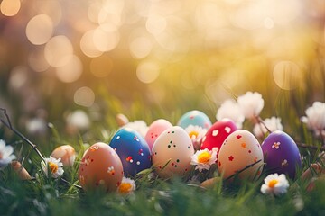 A bright and cheerful Easter display with a variety of decorated eggs laid out in the meadow, showcasing a variety of patterns and colors, adding to the festive spirit of the holiday.