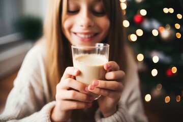 girl drinking eggnog with visible delight