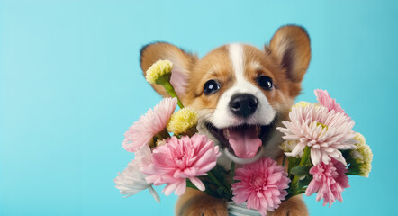 a dog with flowers in its mouth and a blue background behind it is a blue background with a white border, flowers, color field, generative ai