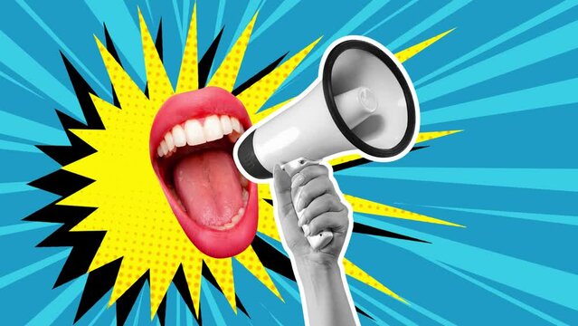 Female mouth shouting on megaphone. Excited important news. Journalism. Mass media. Modern colorful design. Stop motion, animation. Concept of creativity, inspiration, surrealism.
