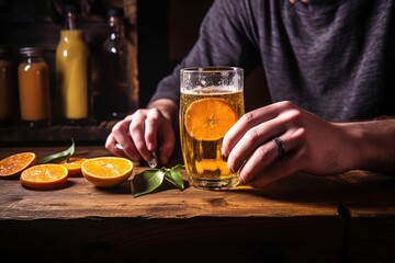 man garnishing cider with an orange slice