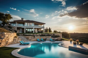 Luxury villa with a blue swimming pool, modern architecture, and beautiful landscaping, creating a serene atmosphere.
