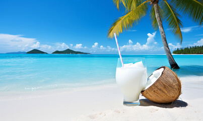 Obraz premium Coconut milk on a tropical beach background. Beach holiday concept