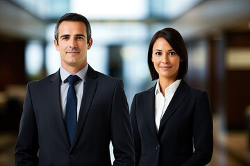 A corporate team, featuring a confident businesswoman and a businessman, embodies success and collaboration in a modern office environment.