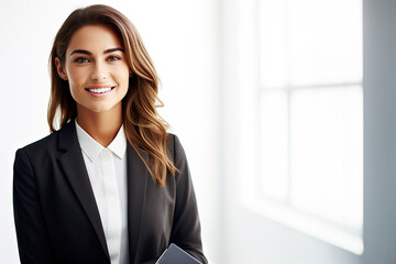 A confident and pretty businesswoman, dressed in a suit, exuding professionalism and success in a corporate setting.