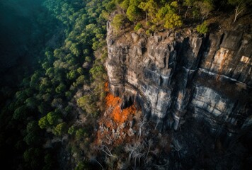A breathtaking aerial view showcasing a dense green forest alongside a dramatic, rugged cliff face. This landscape captures the contrast between lush nature and striking rock formations.