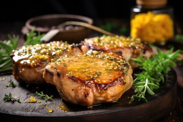 mouthwatering honey mustard pork chops on a rustic table - obrazy, fototapety, plakaty