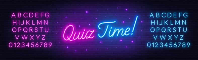 Quiz Time neon lettering on brick wall background