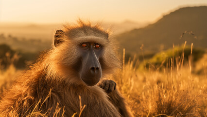 Photo of a baboon in the grasslands of Africa at sunset - Powered by Adobe