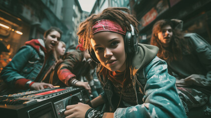 A group of young people in 80s urban style, gathered around a large boombox, graffiti art in the background, capturing the hip-hop and breakdancing culture