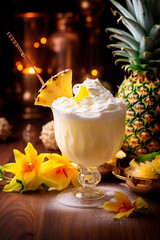 Pina colada cocktail in a glass. Selective focus.
