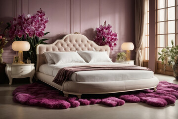 Concept design of cozy bed with pink orchid decor. Creative floral bedroom interior design concept.