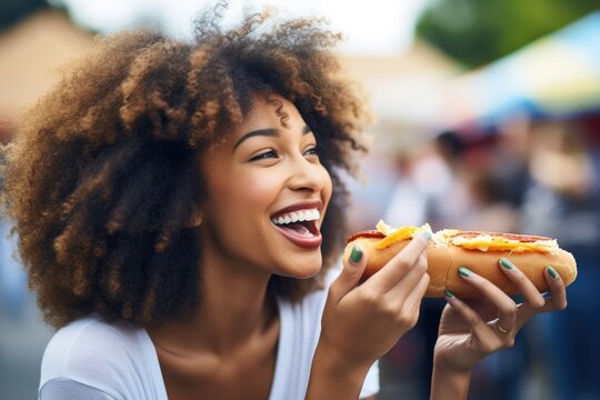 young woman enjoying a hot dog at a food truck festival