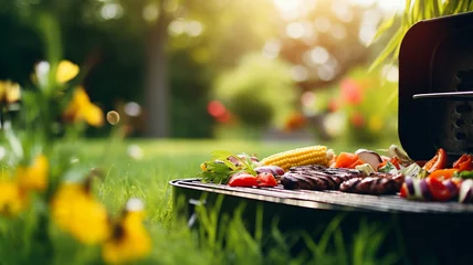  A portable grill in a lush garden with a fiery barbecue and vegetables, capturing the essence of summer outdoor cooking and leisure. © Alina Nikitaeva