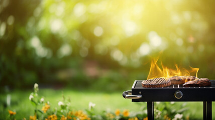 A portable grill in a lush garden with a fiery barbecue and vegetables, capturing the essence of summer outdoor cooking and leisure. - obrazy, fototapety, plakaty