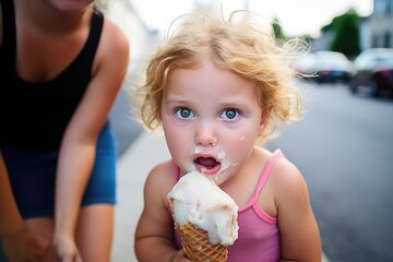 child with ice cream cone, wide-eyed at another bigger one