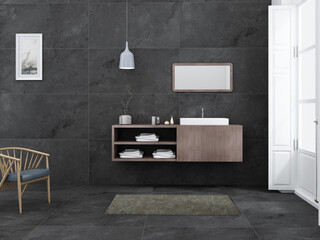 Luxurious bathroom with grey marble features a sink with an oval mirror over it and a hanging lamp, a hanging bathrobe, a large window with amenities, and ceramic pots to complete the theme. 3D Render