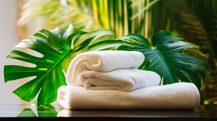 Fototapeta na wymiar White towels and tropical spa leaves. Selective focus.