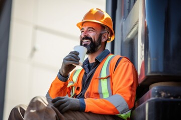 construction worker enjoying iced coffee during breaktime