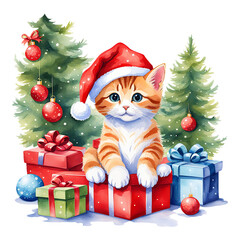 Watercolor Christmas  kitten. A cat in a red riding hood with Christmas toys and gifts. Sticker.